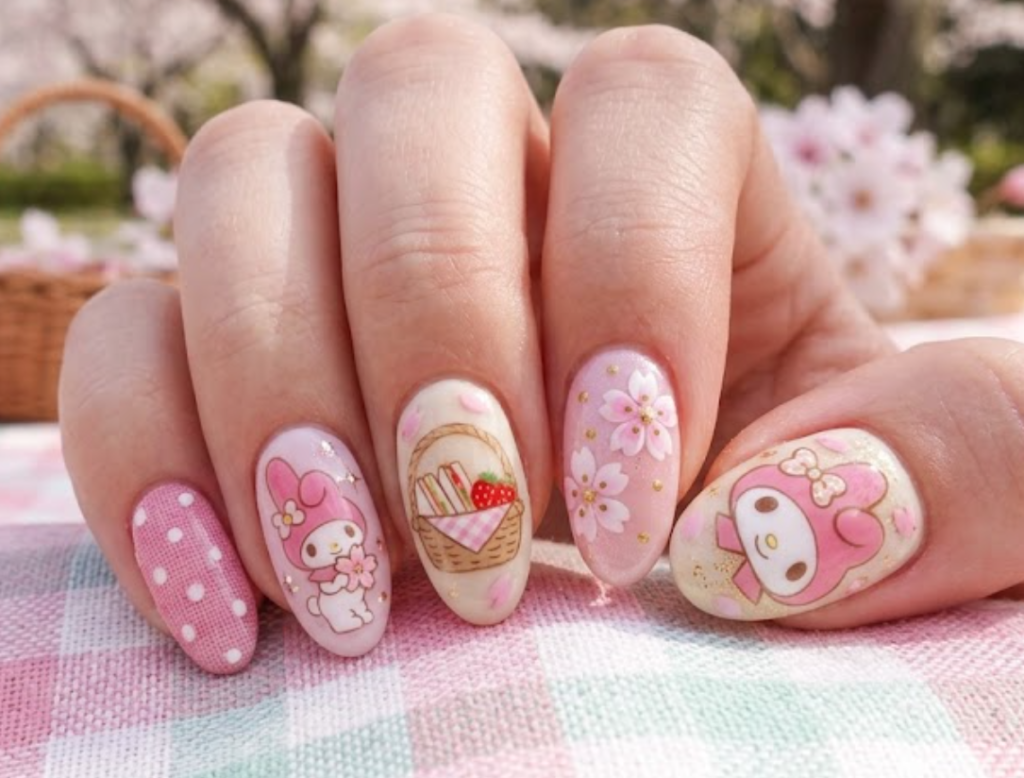 Sakura Picnic My Melody nail design with cherry blossoms, picnic-inspired details, and textured elements.