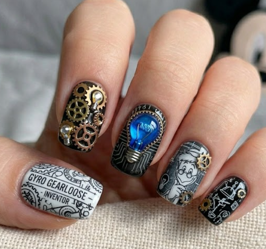 Gyro Gearloose inspired nail design featuring gears, lightbulbs, and creative inventor-themed artwork.
