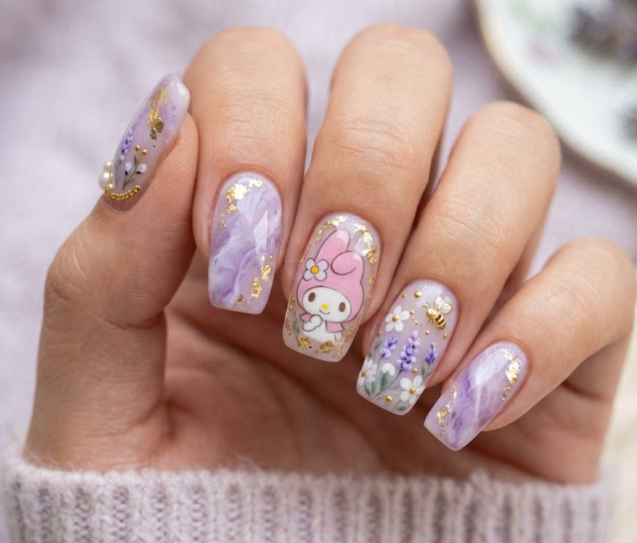 Lavender Bloom My Melody nail art with lavender marble, floral accents, bees, and foil details.