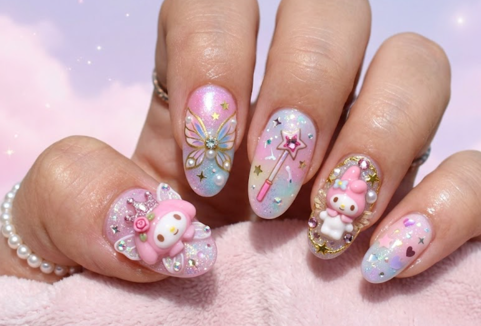 Fairy Magic My Melody manicure with fairy wings, sparkling gemstones, and a magical wand.