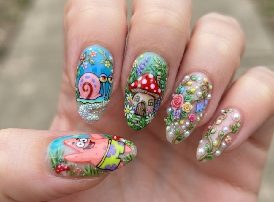 In this photo, Patrick Star and Gary the Snail decorate a magical garden-inspired manicure with flowers, mushrooms, and winding vines.