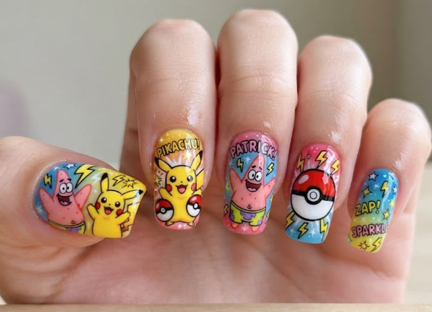 In this photo, Patrick Star and Pikachu are paired in an energetic nail design with lightning bolts, Poké Balls, and comic-style effects.
