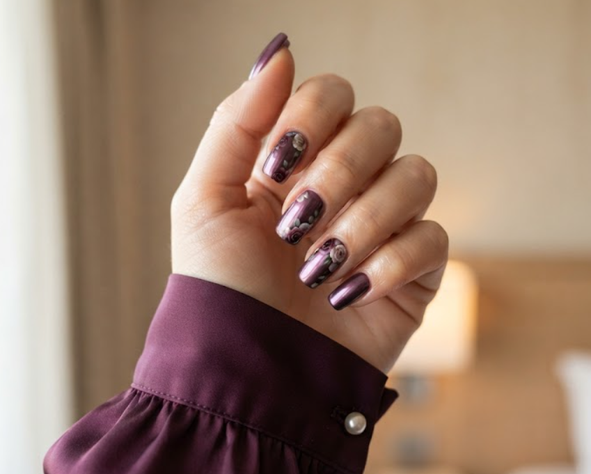 imagMedium-length square deep plum chrome honeymoon nails decorated with fine rose petal art.e