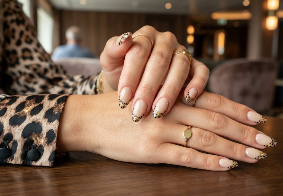 Glossy nude honeymoon nails featuring stylish leopard print French tips and gold foil.