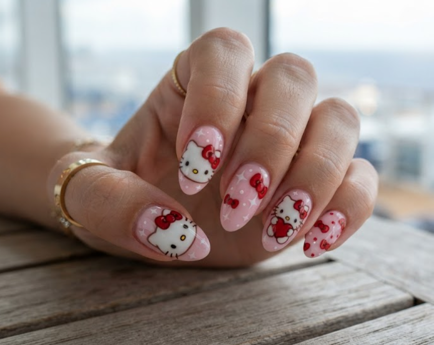 Close-up of Hello Kitty nail art featuring a prominent red bow on full hand.