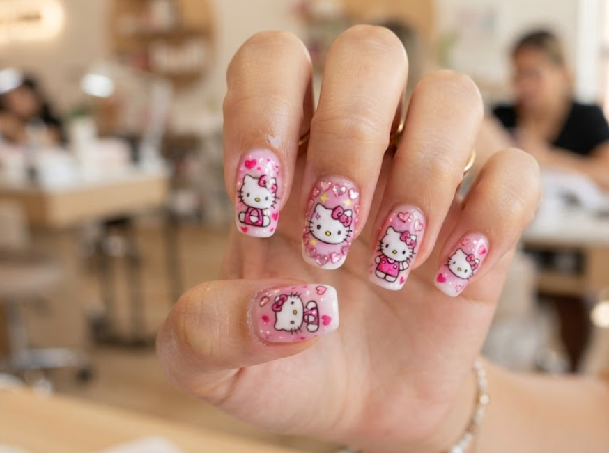 Full hand close-up showing Hello Kitty nail design with pink heart accents.