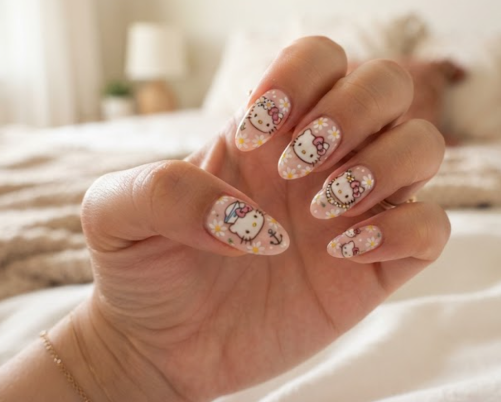 Nail art close-up of Hello Kitty surrounded by delicate white daisy floral patterns.