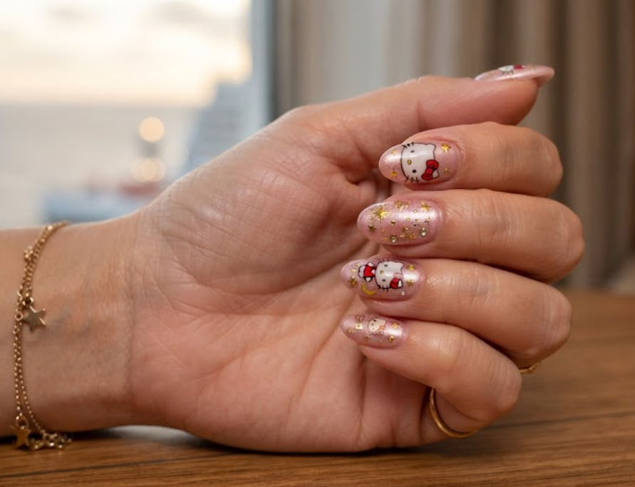 Detailed nail art shot of Hello Kitty with elegant gold star embellishments.
