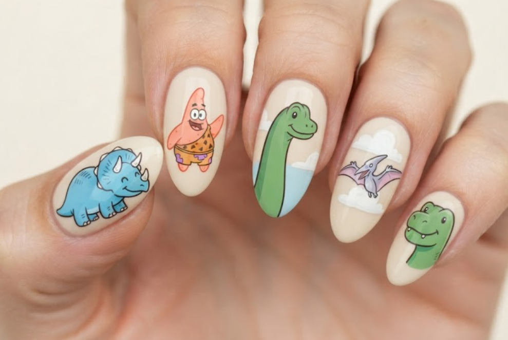 In this photo, Patrick Star is surrounded by friendly dinosaurs, volcanoes, jungle plants, and prehistoric scenery on a creative nail set.