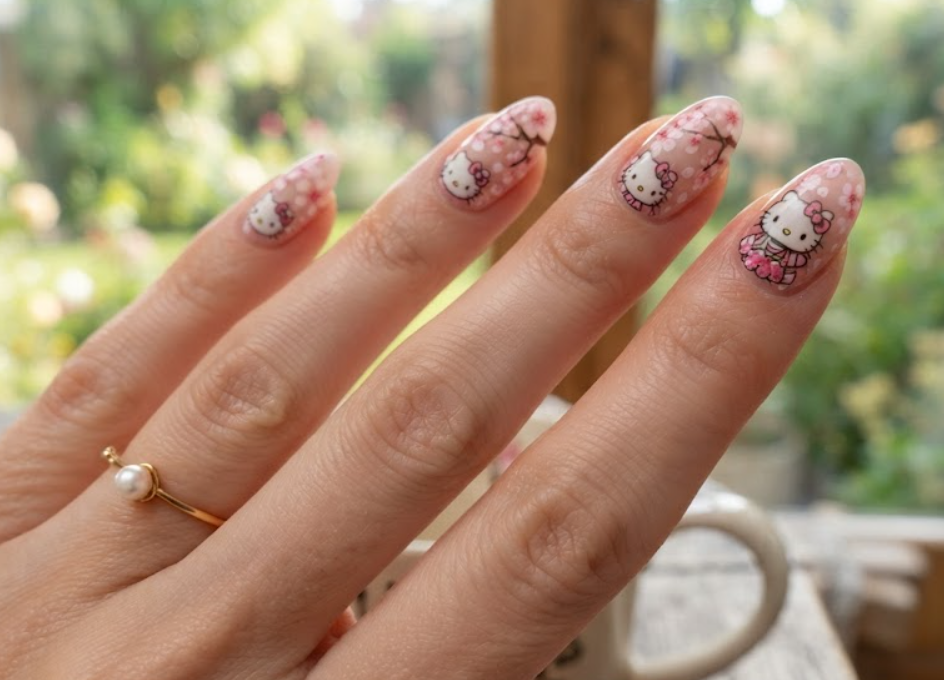 Full hand manicure shot featuring Hello Kitty with pink cherry blossom art.