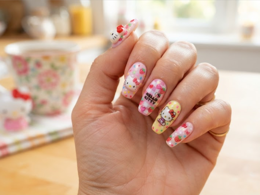 Hello Kitty nail design close-up with cute strawberry sprinkle motifs.
