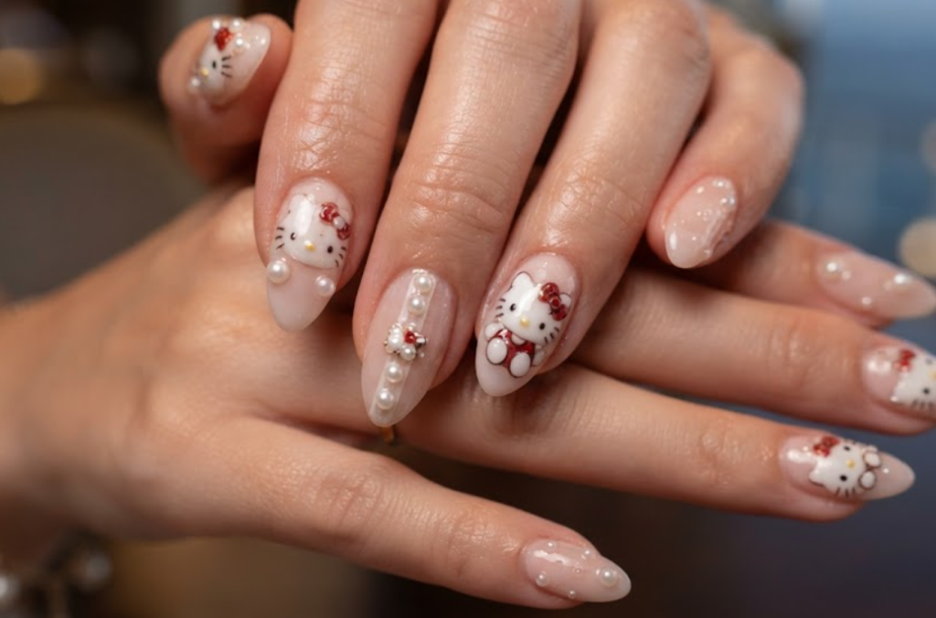 Luxury Hello Kitty nail art close-up featuring scattered 3D pearl details.