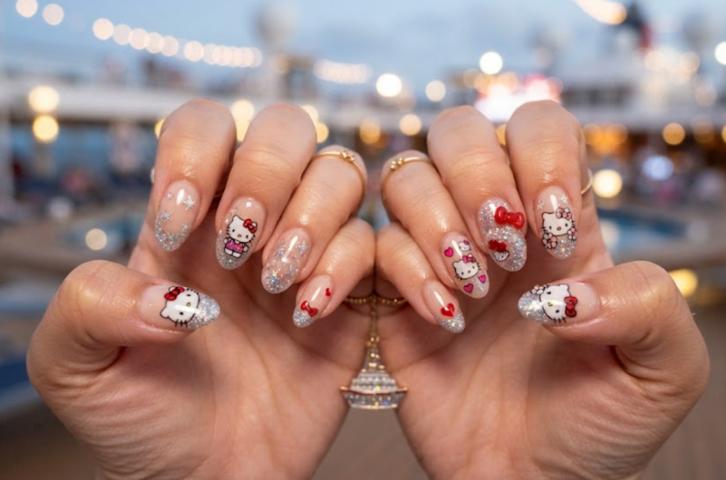 Hello Kitty manicure featuring sparkling glitter French tip nail art.