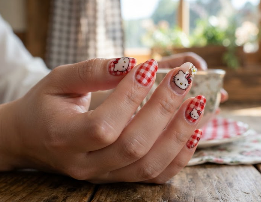 Detailed nail art shot of Hello Kitty with a clean gingham check pattern.