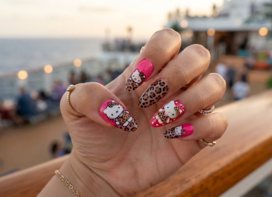 Hello Kitty nail art close-up featuring fierce leopard print accent nails.