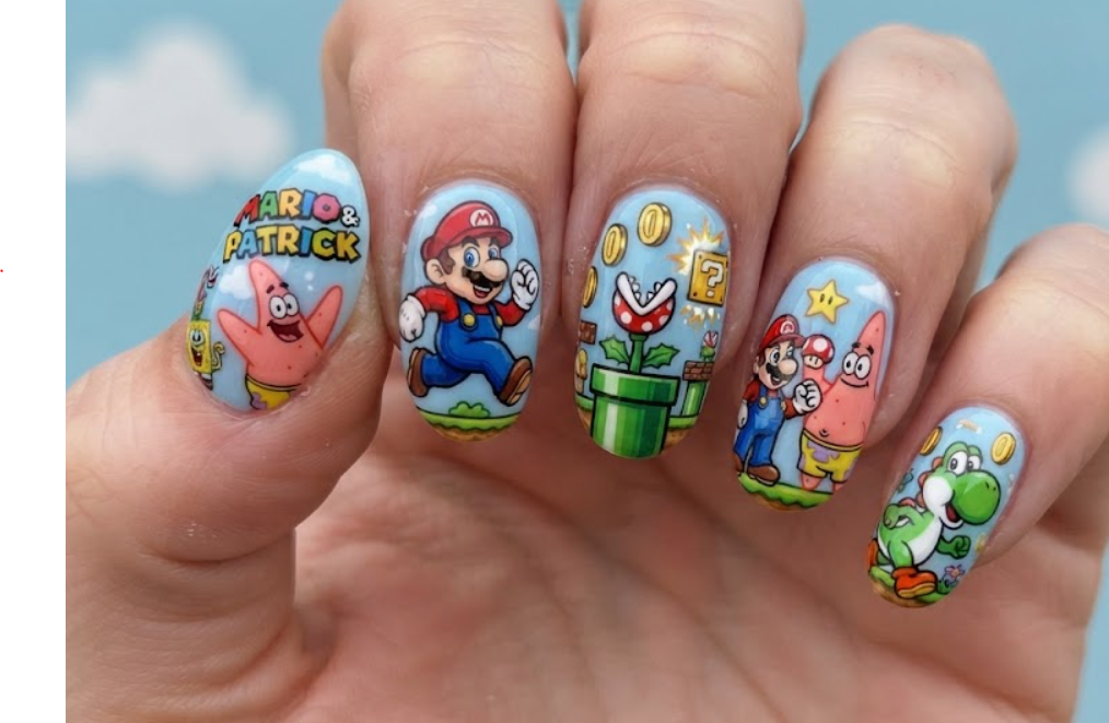 In this photo, Patrick Star and Mario are featured on a colorful nail design with mushrooms, green pipes, gold coins, and Super Mario-inspired details