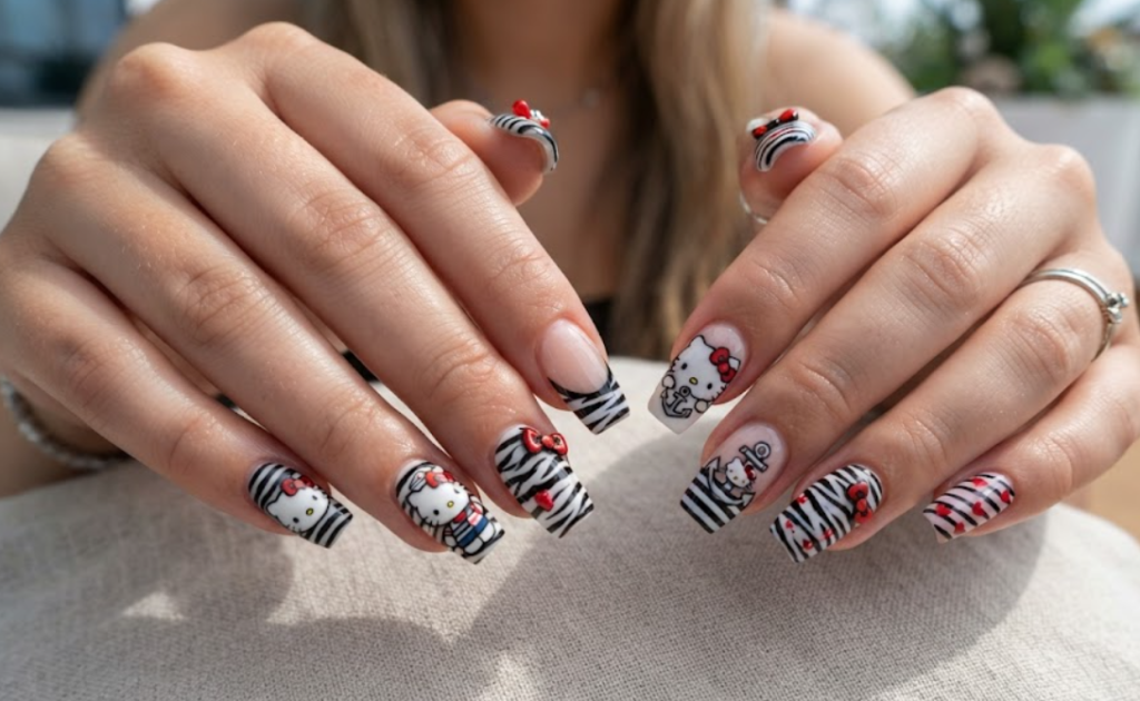 Full hand close-up of Hello Kitty nail art with bold zebra stripe contrasts.