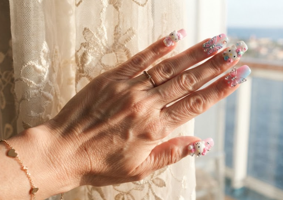 Close-up of Hello Kitty manicure with delicate butterfly wing nail art.