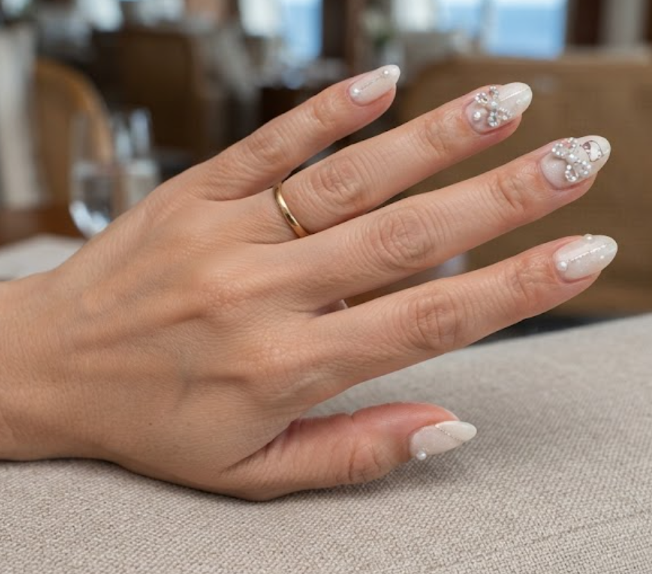Minimalist Hello Kitty nail art focus on elegant ribbon bow motifs.