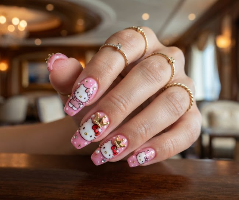 Luxury nail art close-up of Hello Kitty with tiny gold crown charms.