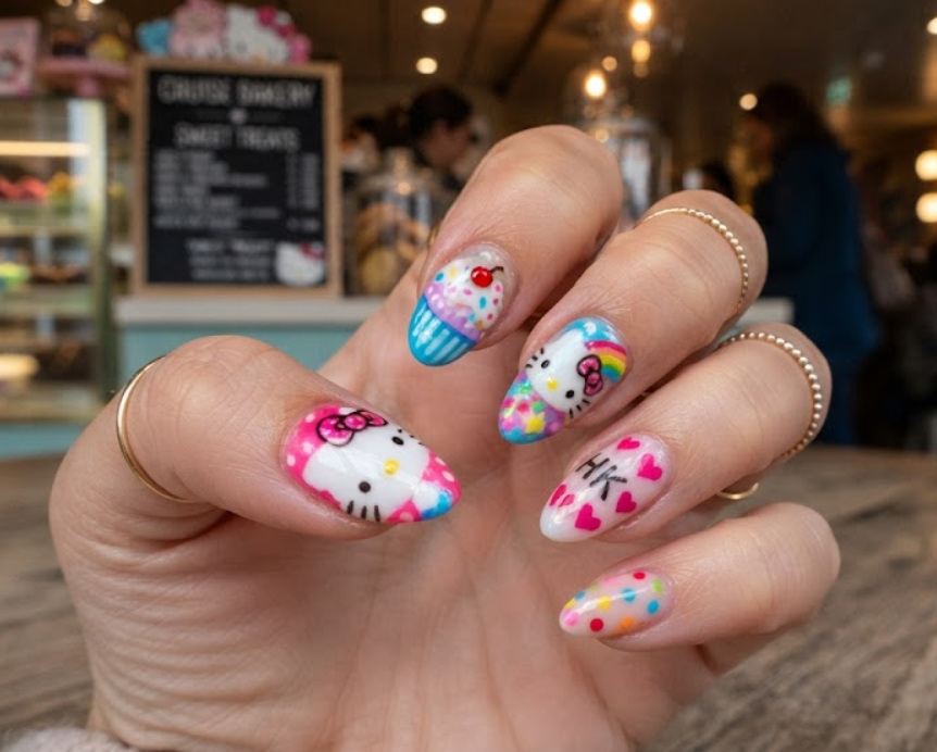 Full hand shot of Hello Kitty nail art featuring colorful cupcake designs.