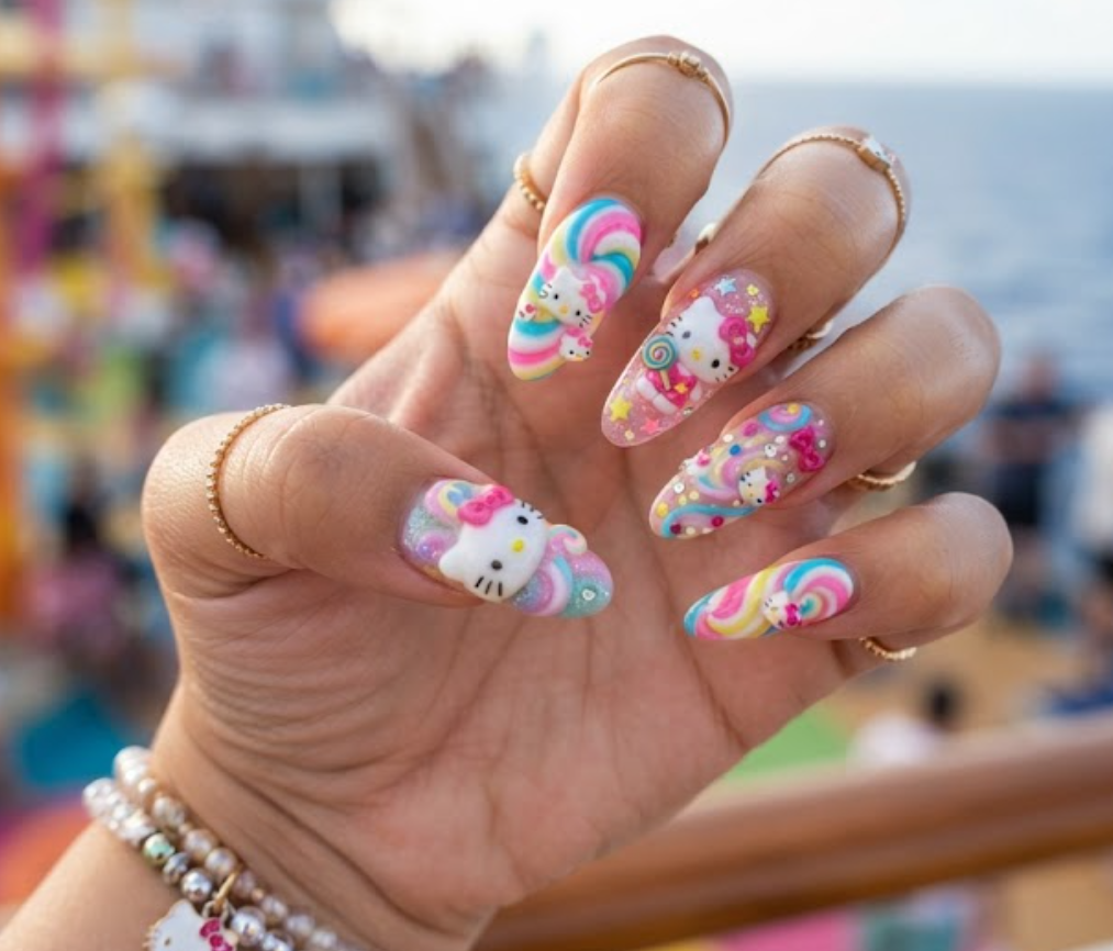 Vibrant Hello Kitty manicure with mesmerizing candy swirl nail art patterns.