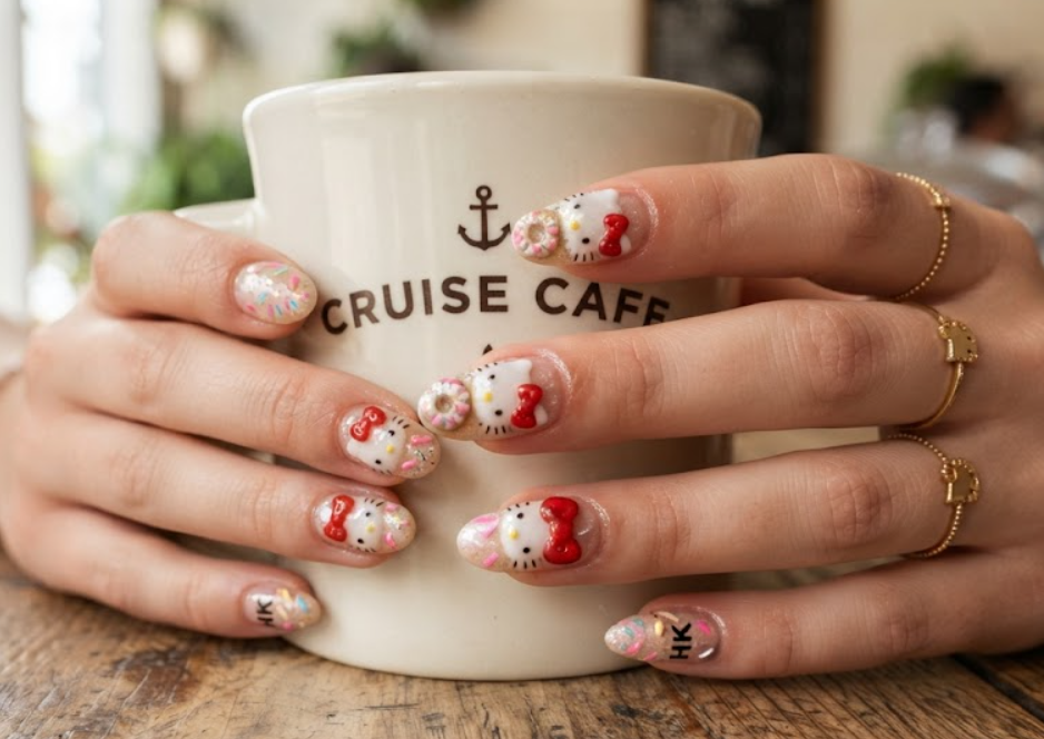 Hello Kitty nail art close-up featuring glazed doughnut texture designs.