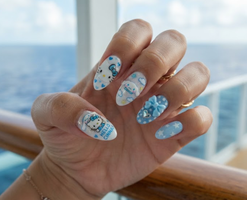 Soft Hello Kitty and Cinnamoroll themed nail art in blue and white.