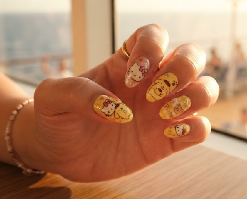 Hello Kitty and Pompompurin themed sunny yellow nail art close-up.