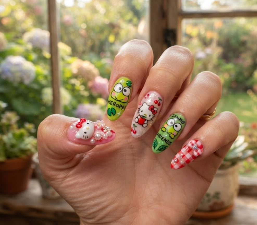 Hello Kitty and Keroppi themed nail art with fresh green accents.