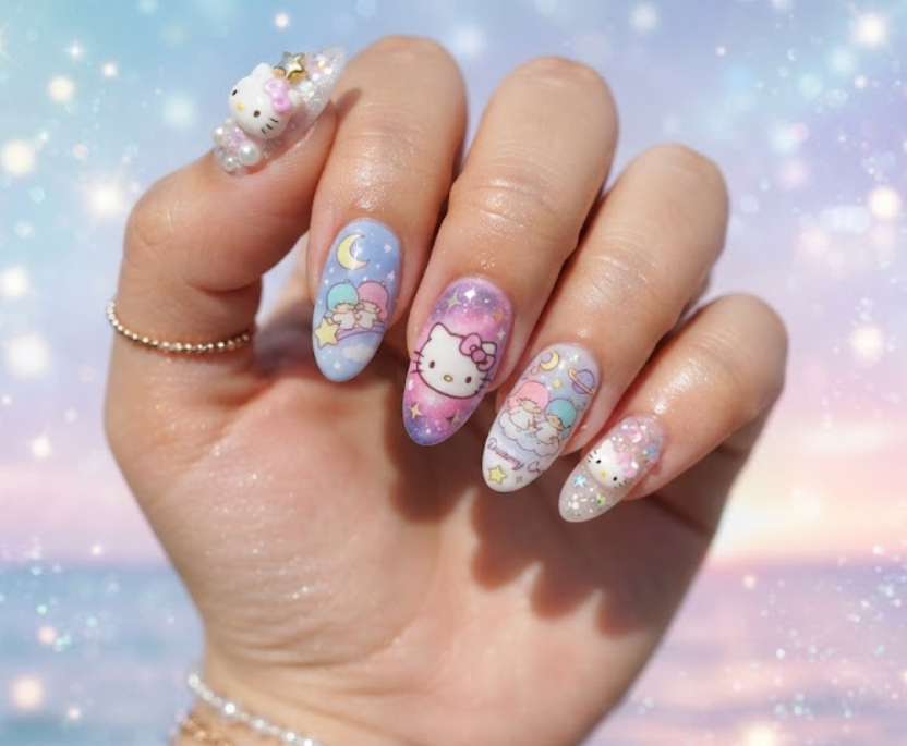 Dreamy Hello Kitty and Little Twin Stars celestial nail art design.