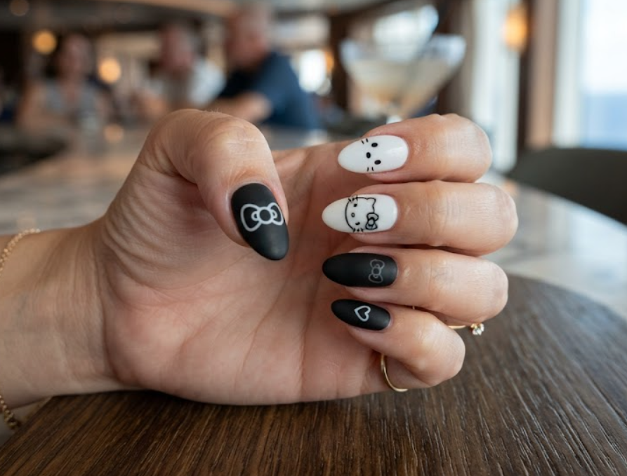 Minimalist Hello Kitty and Chococat themed monochrome nail art.