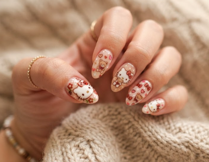 Cozy Hello Kitty nail art close-up featuring tiny teddy bear motifs.