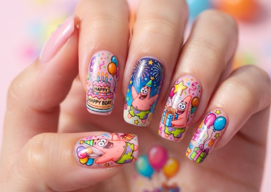 In this photo, Patrick Star and Mickey Mouse appear on a festive nail design with balloons, fireworks, birthday cake, and celebration decorations.