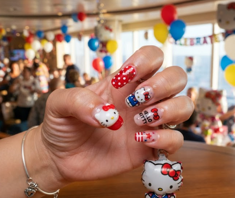 Festive Hello Kitty nail design featuring floating mini balloon art.