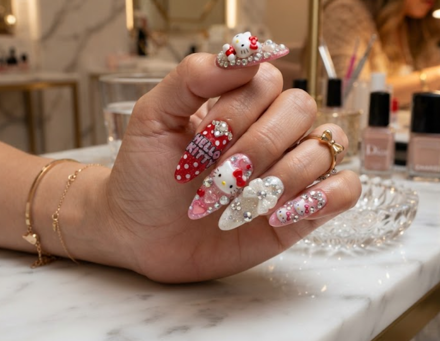 Luxury Hello Kitty nail art design featuring sparkling crystal gem accents.