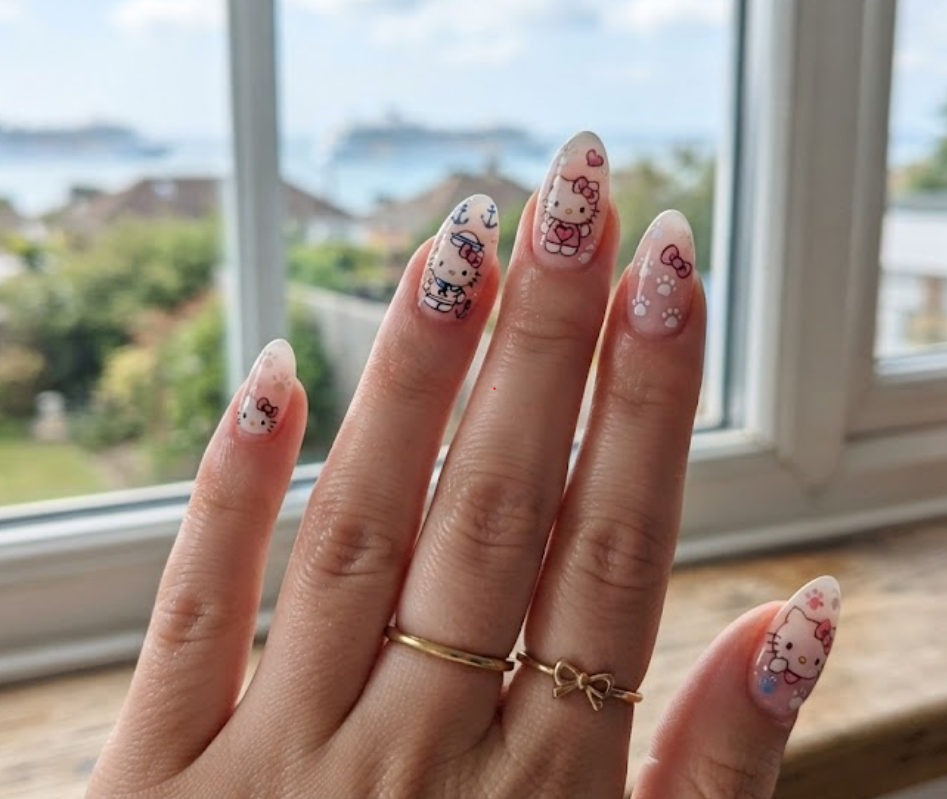 Close-up of Hello Kitty nail art with subtle tiny cat paw prints.