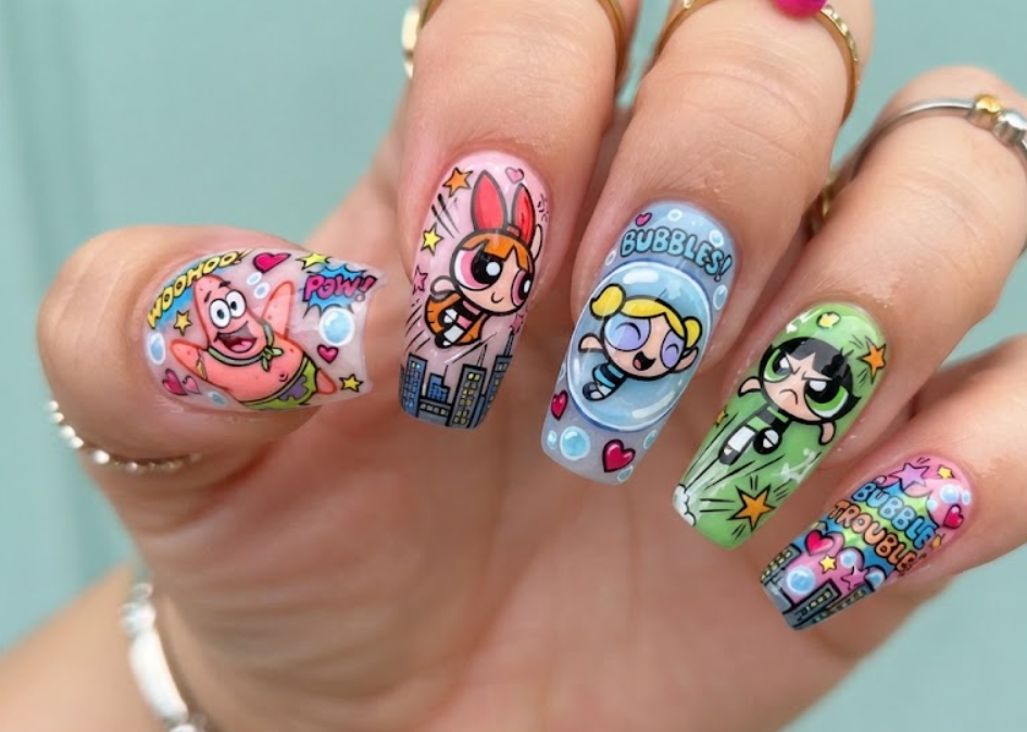In this photo, Patrick Star teams up with the Powerpuff Girls in a bright nail design featuring action effects, stars, and playful superhero details.