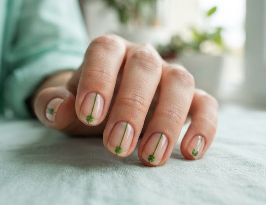 In this image, clean nails showcase negative space art and a tiny green clover while wearing a mint shirt.