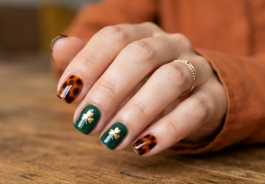 In this image, a bold 4-Leaf Clover Nail pairs tortoiseshell print with emerald green clover accents and a rust shirt.