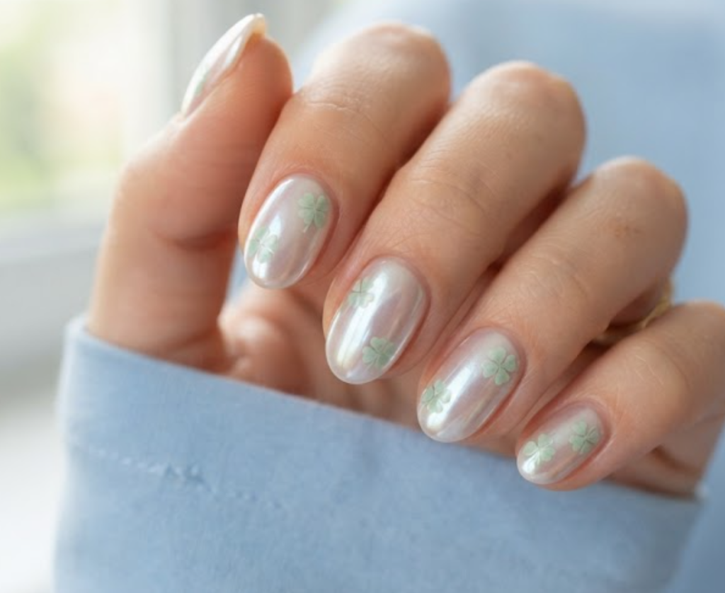 In this image, a glossy 4-Leaf Clover Nail features glazed donut chrome and subtle mint green clovers with a baby blue shirt.
