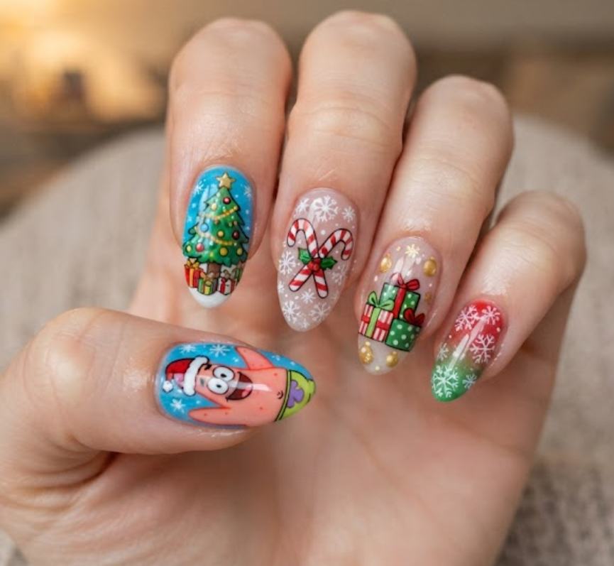 In this photo, Patrick Star and the Grinch are featured on a holiday-inspired nail set with Christmas gifts, candy canes, snowflakes, and festive decorations.