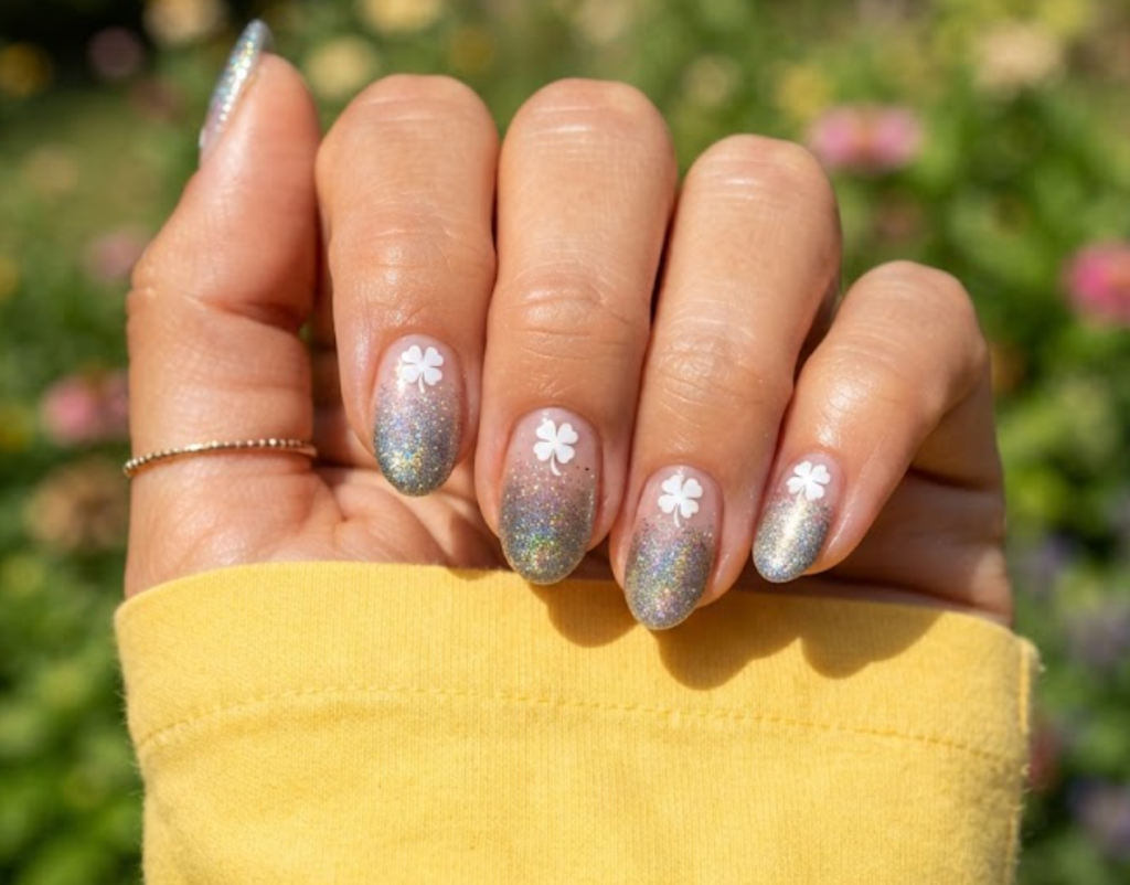 In this image, a sparkling 4-Leaf Clover Nail showcases holographic glitter tips and clover stencils with a yellow shirt.