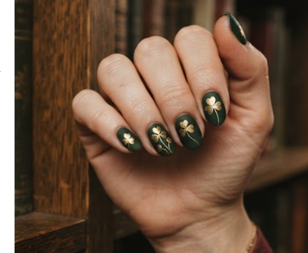 In this image, a moody 4-Leaf Clover Nail features deep forest green matte polish and gold leaf clovers with a maroon shirt.