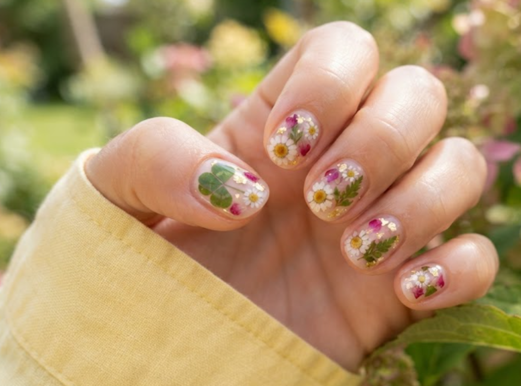 In this image, a botanical 4-Leaf Clover Nail blends white daisies, pink petals, and a clover mix with a butter yellow shirt.