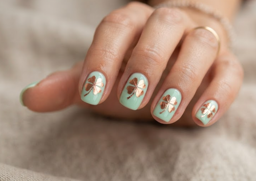 In this image, a metallic 4-Leaf Clover Nail presents a mint green base with copper foil clover details and a terracotta shirt.