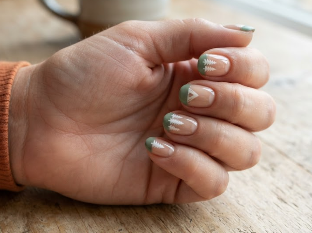 in this image real hands showcase sage green negative space camp nail art. camp inspired nail design