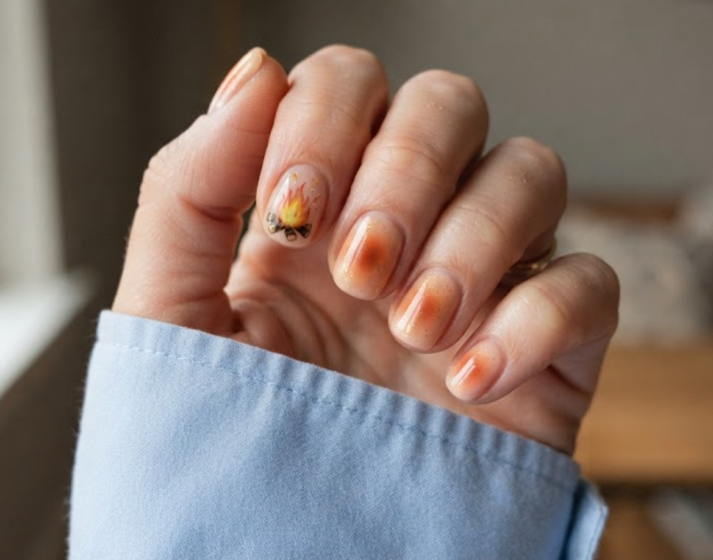in this image real hands showcase a sunset aura gradient camp nail design. camp inspired nail design