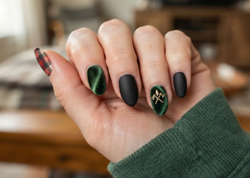 in this image real hands feature matte buffalo plaid and velvet camp nail art. camp inspired nail design