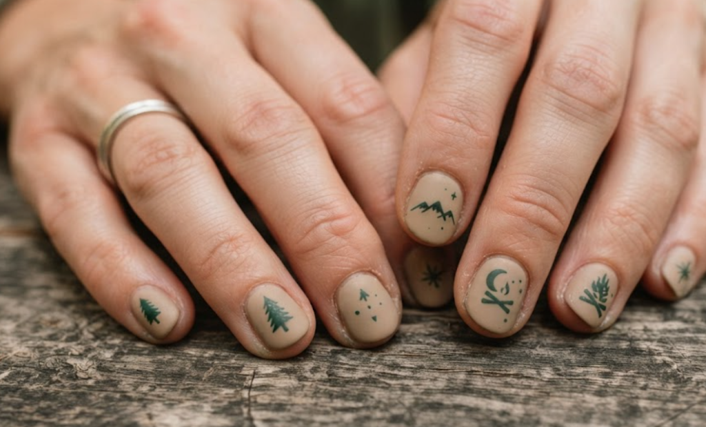 in this image real hands feature an earthy wood grain texture camp nail design. camp inspired nail design